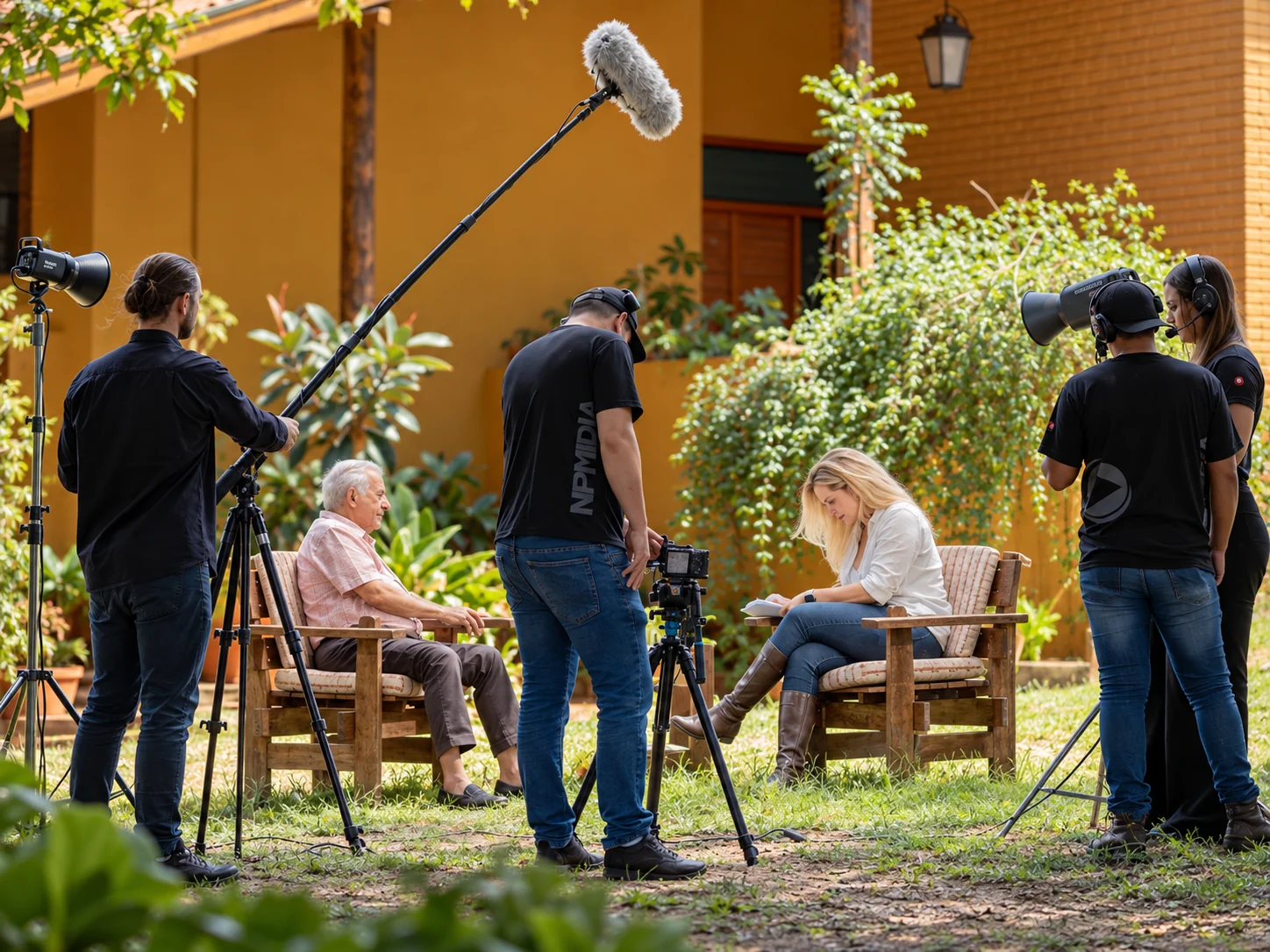 Equipe NPMIDIA em gravação externa, com câmera e captação de áudio durante uma entrevista