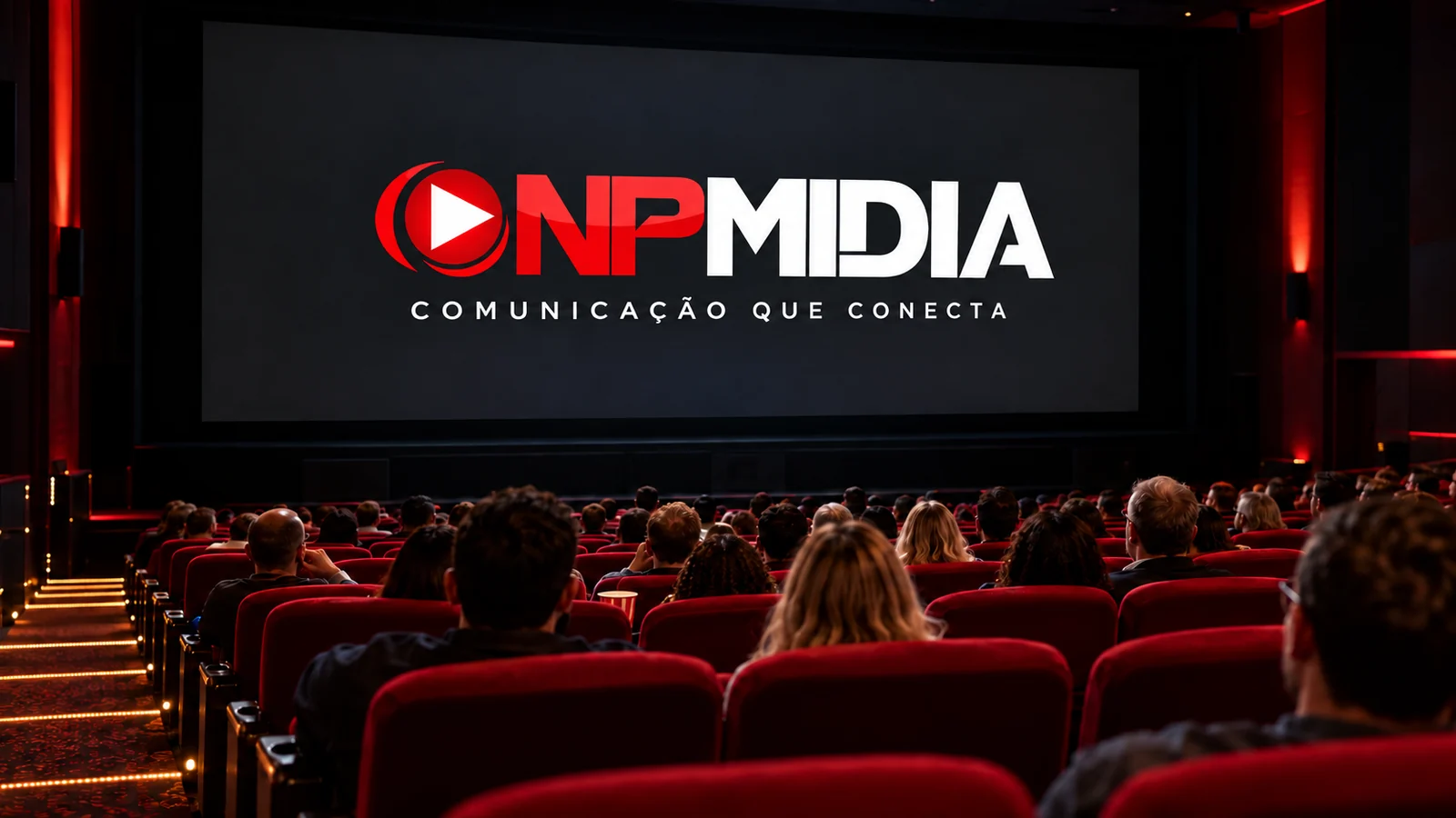 Representação de público em uma sala de cinema com a marca NPMIDIA na tela