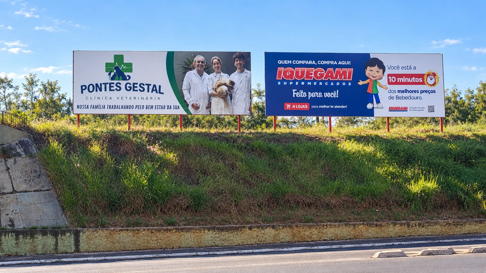 Imagem tratada de dois outdoors próximos ao pontilhão FEPASA, em Bebedouro