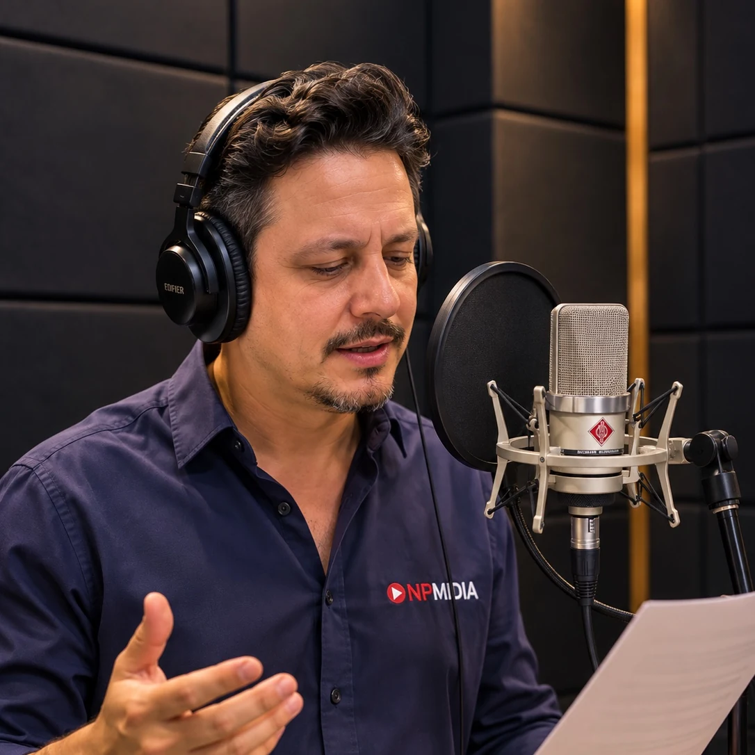 Locutor NPMIDIA gravando no estúdio com fones e microfone profissional